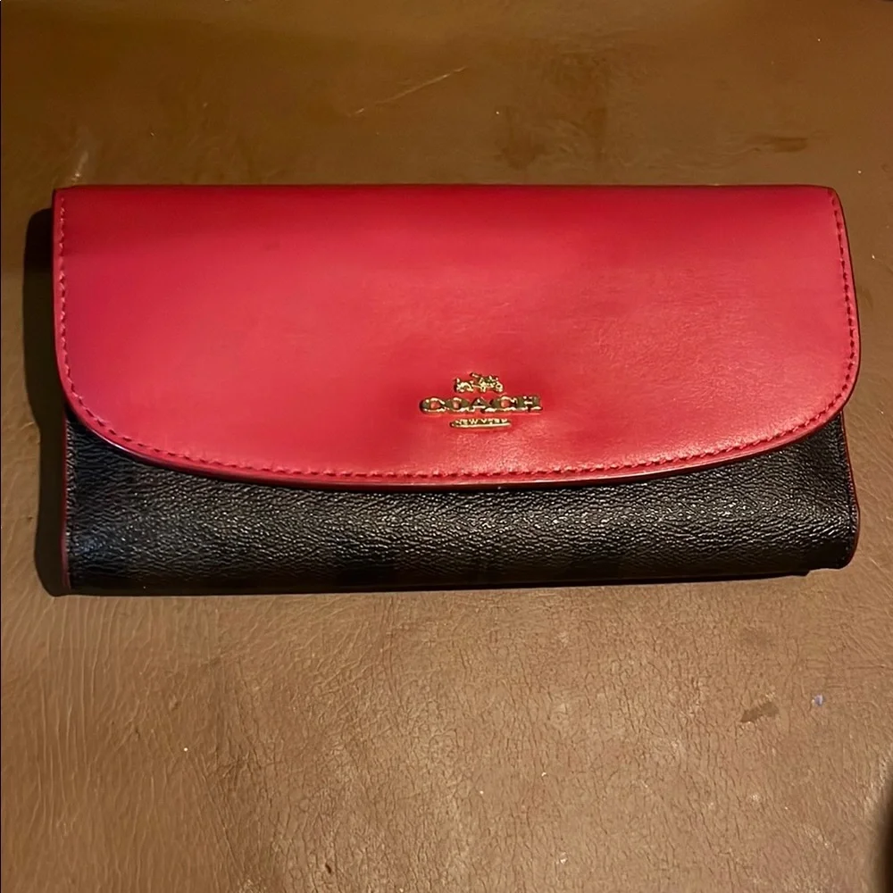 Coach Red and dark Brown checkbook Wallet - Picture 3 of 5